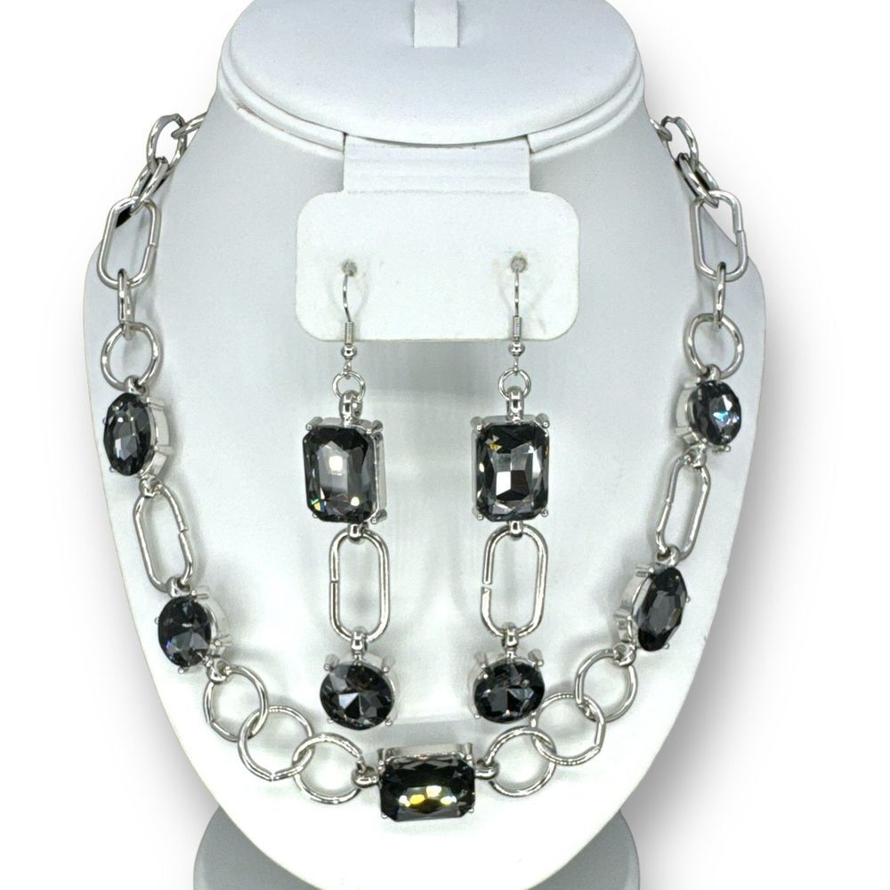 Jewelry Set Necklace and Earrings Faceted Large Rhinestones Over Silver Plated